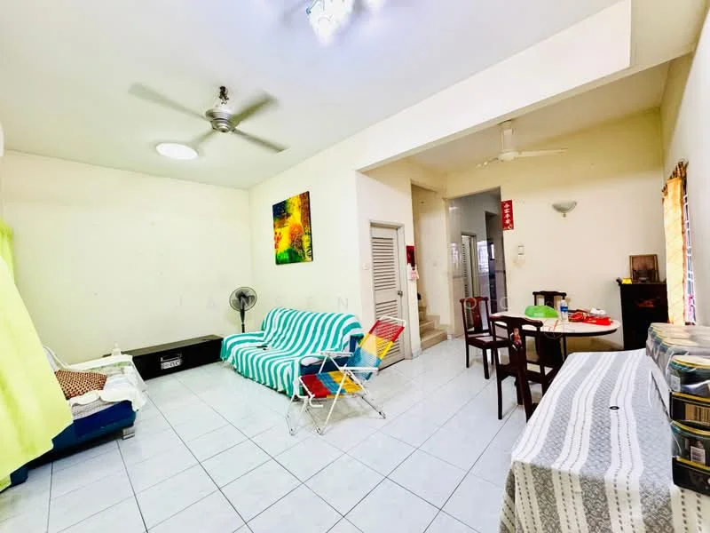 Living features: white painted walls, ceramic tile flooring, 5-blade ceiling fan, recessed ceiling light, sofa in blue and white stripes, armchair in multi-colour, coffee table, dining table with chairs, window with sheer curtains, wall-mounted artwork, foldable lounge chair, standing fan; style: modern.