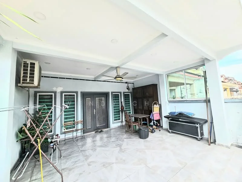 Room features: wall-mounted split AC, 5-blade ceiling fan, grey tiled flooring, large glass window, sliding glass door, wooden cabinetry, black storage chest, metal folding chair, clothes drying rack; style: modern.