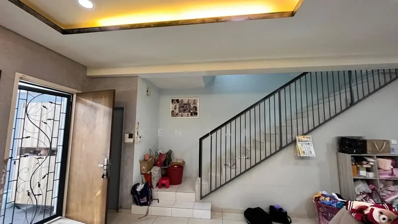 Room features: white painted walls, tile flooring, staircase with metal railing, ceiling with recessed lighting, wooden front door, glass panel door, decorative wall art, storage bags and items on the floor; style: modern.