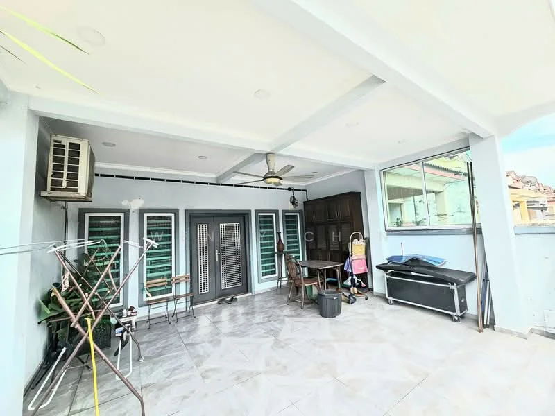 Room features: wall-mounted split AC, 5-blade ceiling fan, sliding glass door, floor-to-ceiling windows, grey tiled flooring, exposed beams, outdoor dining table, black storage chest, clothes drying rack, greenery in pots; style: modern.