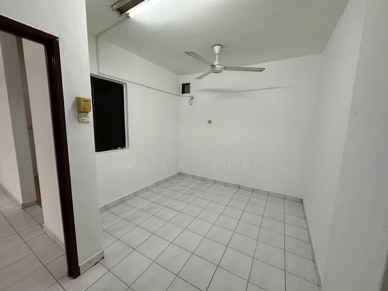 Room features: white painted walls, tile flooring, ceiling fan, single window, light fixture, no visible furniture, neutral color scheme, square layout; style: minimalist.