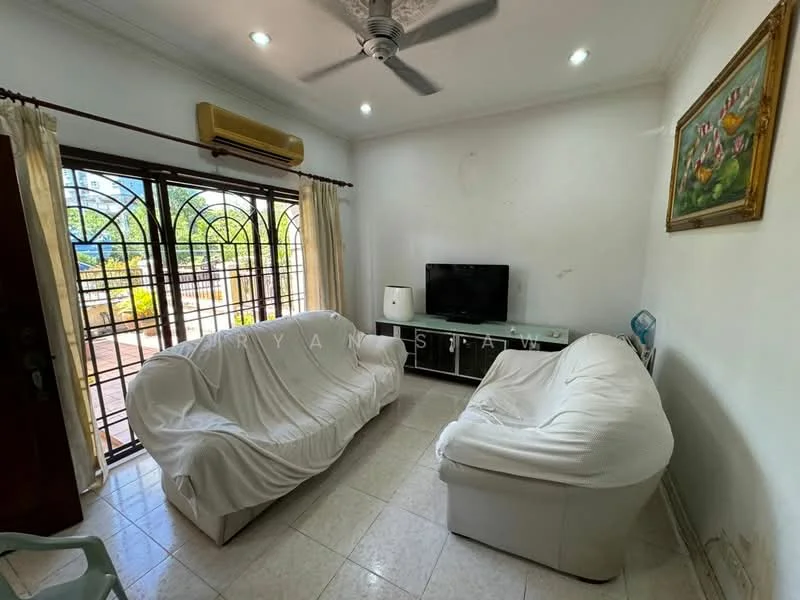 Living features: 2 white fabric sofas, ceiling fan, wall-mounted TV, glass TV console, white curtains, tiled flooring, decorative painting on wall, large window with wrought iron grille; view: garden.