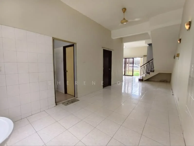 Room features: white painted walls, white tiled flooring, ceiling fan, doorway leading to another room, doorway leading outside, staircase visible in background, two wall sconces, large window allowing natural light.