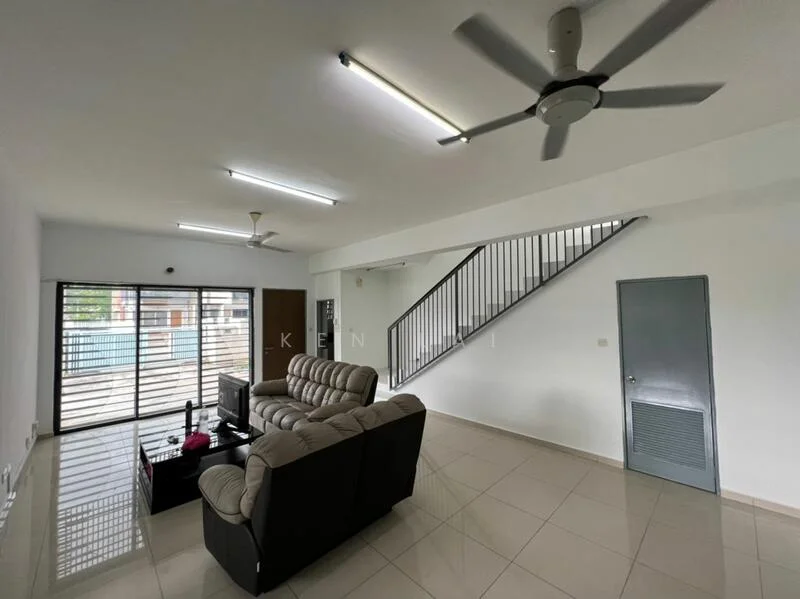 Living features: 3-seater leather sofa, 2-seater leather sofa, glass coffee table, ceiling fan, recessed LED downlights, white painted walls, cream tiled flooring, floor-to-ceiling windows, sliding glass door, staircase with metal railing; style: modern.