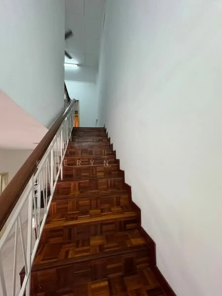 Room features: wooden staircase, parquet wood flooring, white painted walls, ceiling with lights, railing with metal balusters; style: modern.