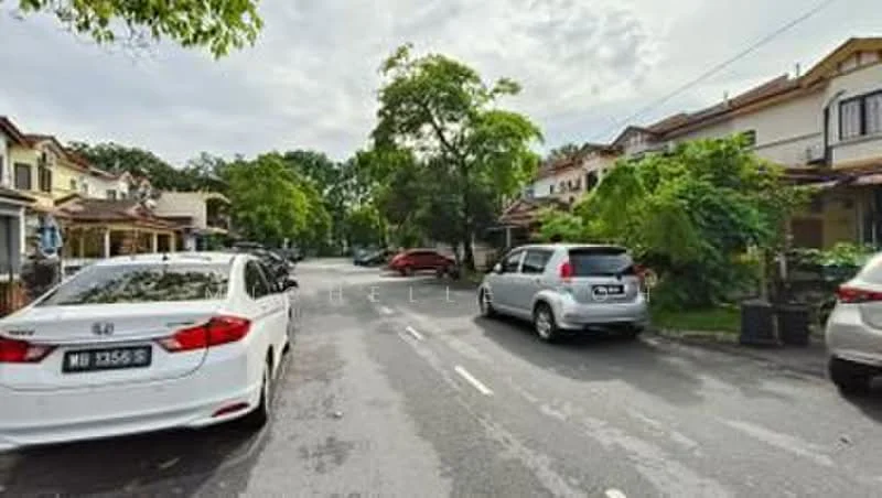 Exterior type: linked terrace house; features: tree-lined street, manicured lawns, two-storey houses, driveways with parked cars, paved road, residential neighborhood, greenery along the street; style: modern.