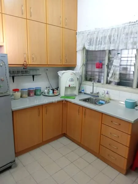 Kitchen features: light wood cabinetry, white countertop, single-bowl stainless-steel sink, chrome pull-down faucet, built-in water dispenser, ceramic tile flooring, window with sheer curtains, refrigerator, kitchen utensils on countertop, multiple storage jars, wall-mounted shelf; style: modern.