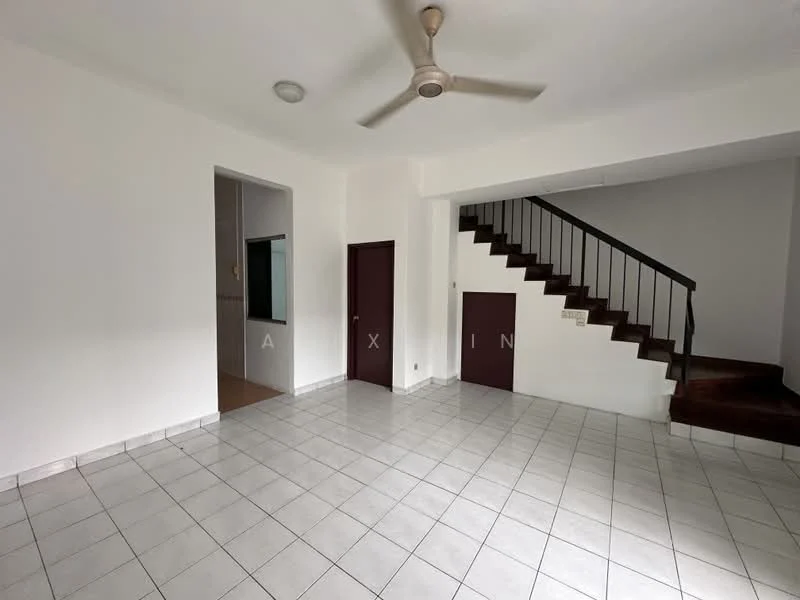 Living features: white painted walls, ceramic tile flooring, 5-blade ceiling fan, staircase with wooden steps, open layout, large windows, doorway leading to another room, corner storage area.