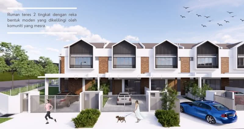 Exterior type: linked terrace house; features: two-storey structure, modern architectural design, brick facade, white painted accents, gabled roof, driveway with parking spaces, landscaped front yard, fenced perimeter, multiple car parking, surrounding greenery, urban setting; style: modern.