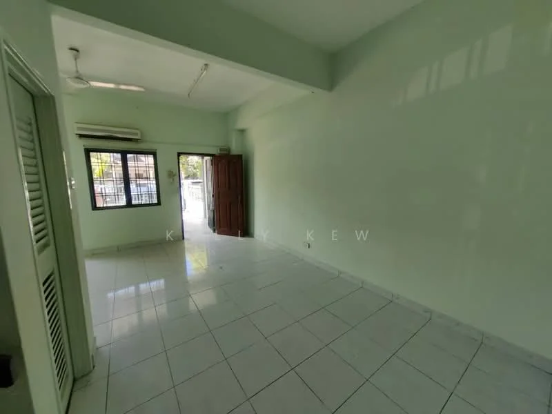 Room features: light green painted walls, white tiled flooring, 1 ceiling fan, 1 wall-mounted split AC, floor-to-ceiling windows, sliding glass door, wooden door, natural light from windows.