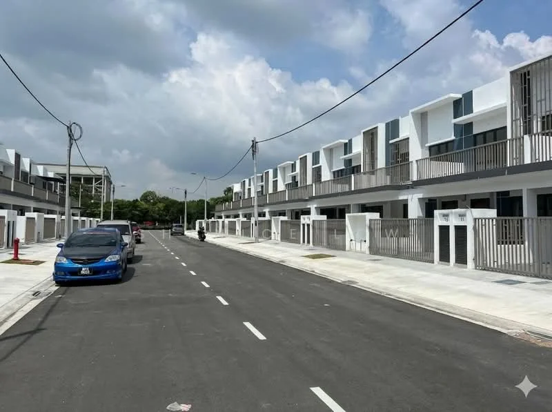 Exterior type: linked terrace house; features: modern facade with white painted walls, two-storey structure, balconies with railings, driveway with interlocking pavers, manicured landscaping, street view with parked cars, sidewalks, overhead power lines; style: modern.