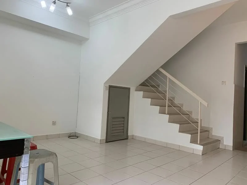 Room features: white painted walls, tile flooring, staircase with white railing, recessed downlights, corner storage cabinet, open space layout, neutral color scheme; style: modern.