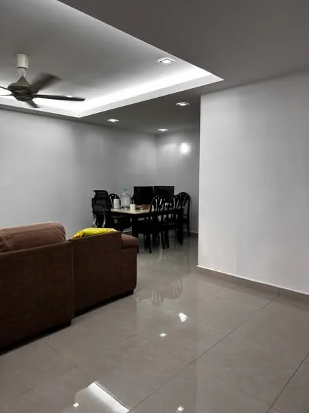 Living features: 3-seater fabric sofa in brown, ceiling fan, recessed downlights, glossy tile flooring, white painted walls, dining table with black chairs, open layout, natural light from ceiling lights; style: modern.