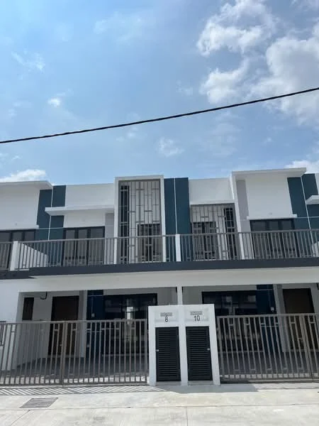 Exterior type: linked terrace house; features: two-storey building, white painted facade, blue accent panels, balconies with metal railings, large windows, front gate with intercom, numbered units 8 and 10, concrete walkway, clear blue sky, urban setting; style: modern.