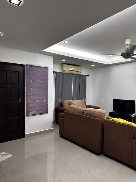 Living features: cream painted walls, recessed ceiling with LED lights, 5-blade ceiling fan, floor-to-ceiling window with sheer curtains, grey curtains, light-colored sofa, TV console, wall-mounted TV, ceramic tile flooring, air conditioning unit; style: modern.