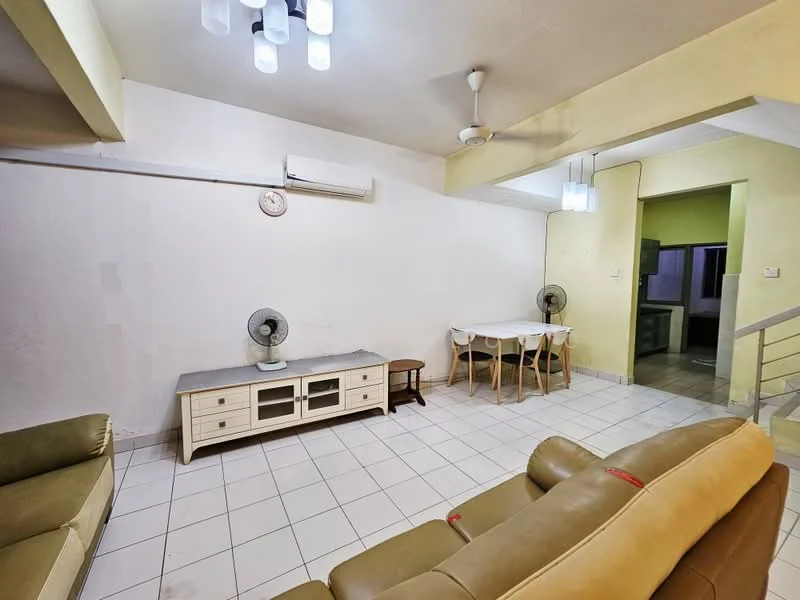 Living features: white painted walls, tile flooring, 5-blade ceiling fan, 2 wall-mounted fans, sofa in beige, coffee table, TV console, recessed lighting, dining table with chairs. Dining features: dining table with white tablecloth, 4 dining chairs. Kitchen features: open layout, unknown appliances.
