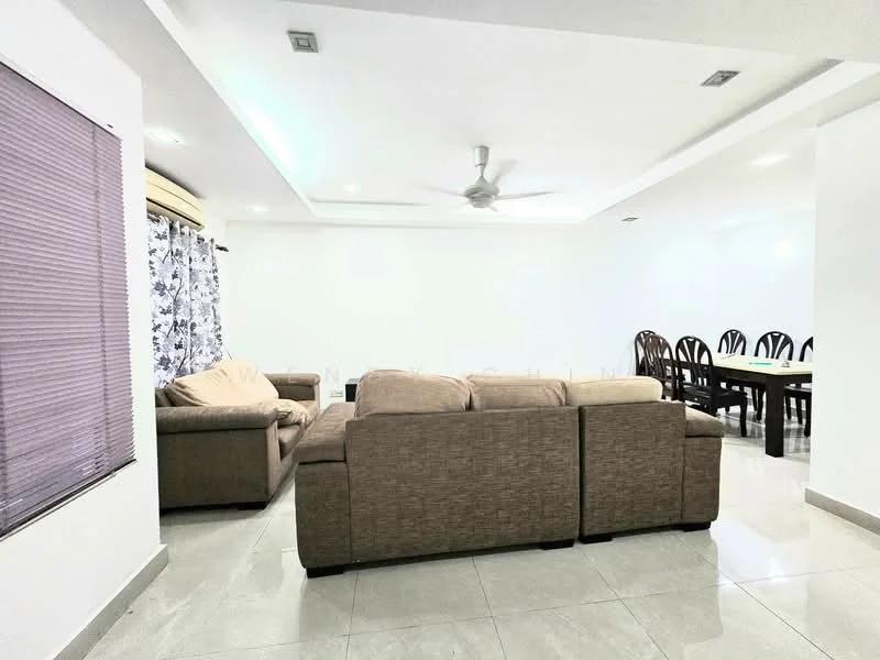 Living features: beige fabric sectional sofa, 3-seater sofa, ceiling fan, recessed downlights, white painted walls, glossy tile flooring, floor-to-ceiling windows with sheer curtains, decorative curtains, dining table visible in background, open layout; style: modern.