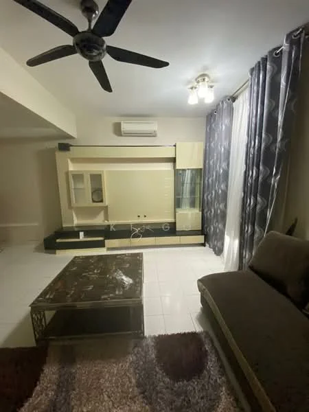 Living features: 3-seater fabric sofa in brown, coffee table with metallic surface, wall-mounted TV console, built-in shelving unit, ceiling fan, recessed ceiling lights, floor-to-ceiling curtains, white tiled flooring, air conditioning unit; style: modern.
