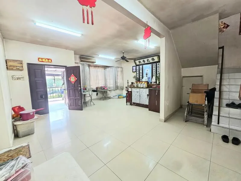 Living features: white painted walls, glossy tile flooring, ceiling fan, large window with sheer curtains, wooden dining table, chairs, decorative cabinet, staircase, doorway leading outside, wall-mounted decorations, red lanterns, open layout; style: modern; view: garden.