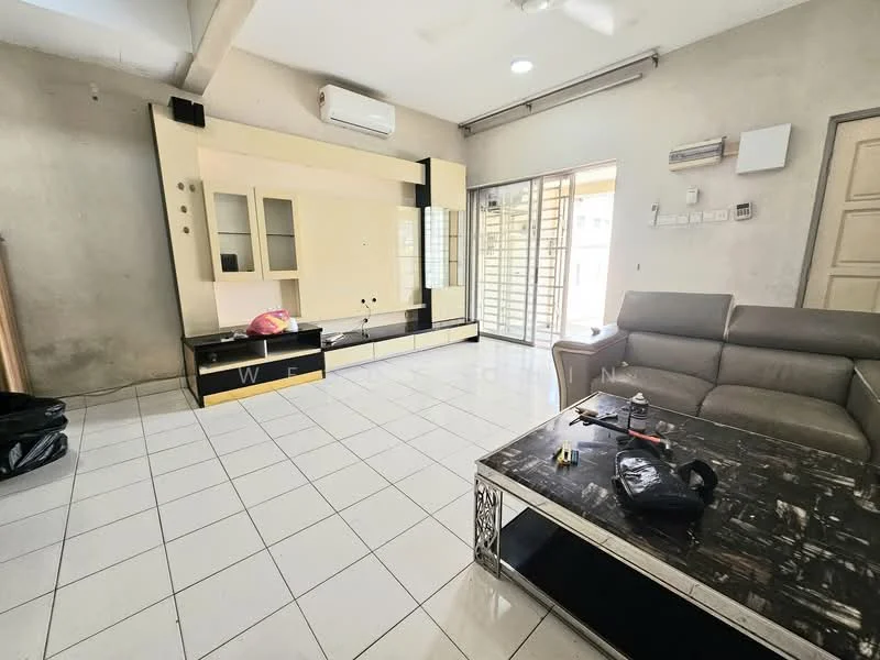 Living features: white tiled flooring, grey fabric sofa, coffee table with metallic frame, wall-mounted TV console, built-in cabinetry with glass doors, ceiling fan, air conditioning unit, sliding glass door, window with blinds, decorative wall with exposed concrete finish; style: modern.