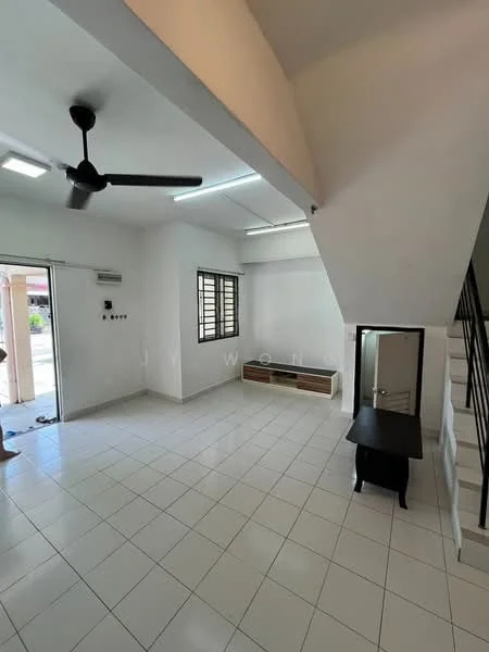 Living features: white painted walls, white ceiling, ceiling fan, recessed downlights, large windows, tiled flooring, black wooden console table, built-in storage unit, open layout, staircase, door leading outside; style: modern.