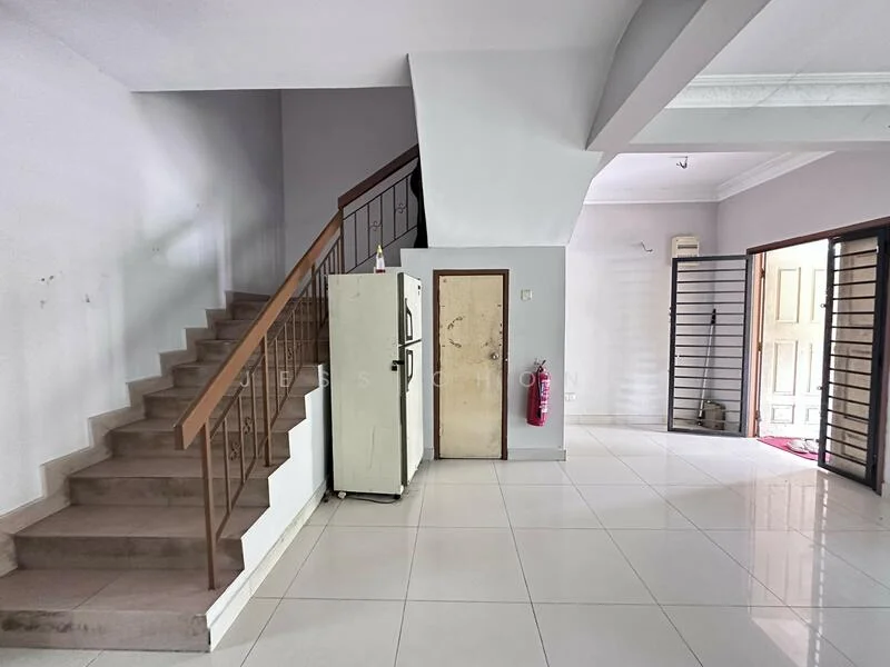 Room features: staircase with metal railing, white walls, cream tiled flooring, entrance door, fire extinguisher on wall, open space layout, natural light from windows, no visible furniture; style: modern.