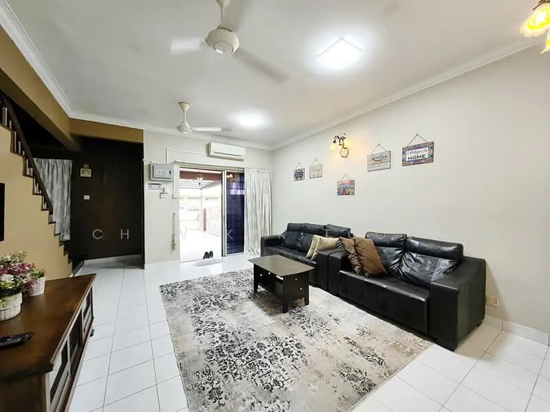 Living features: 3-seater leather sofa in black, 2-seater leather sofa in black, coffee table, area rug with geometric pattern, wall-mounted TV, ceiling fan, recessed downlights, white painted walls, tile flooring, sliding glass door, curtains, decorative wall art; style: modern; view: garden.