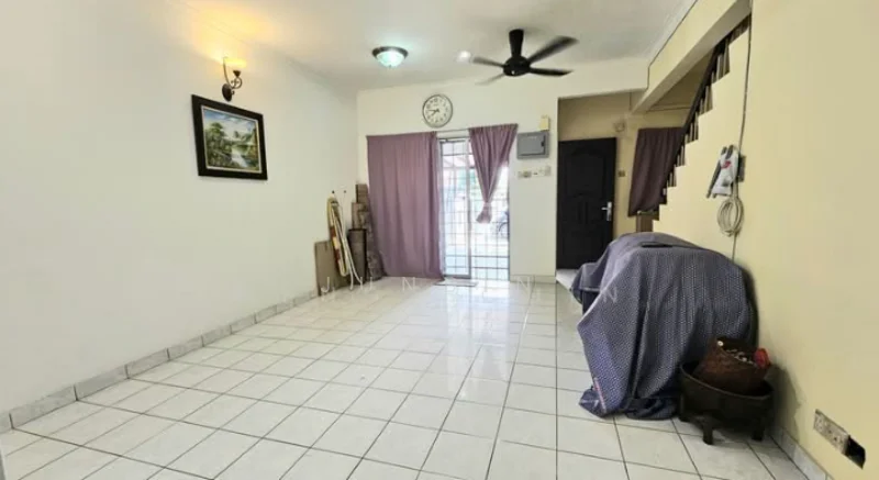 Living features: white painted walls, ceramic tile flooring, ceiling fan, wall-mounted clock, sliding glass door, sheer curtains, decorative artwork, corner shelving unit, furniture covered with fabric.
