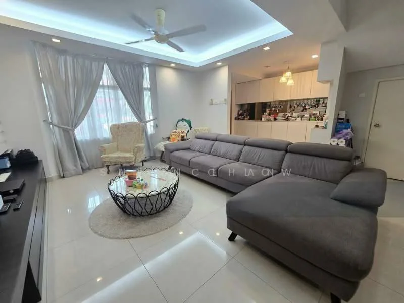 Living features: grey L-shape sectional sofa, round coffee table with glass top, area rug, 5-blade ceiling fan with light, white painted walls, recessed ceiling lights, curtains, wall-mounted TV, decorative wall art, built-in cabinetry in background; style: modern.