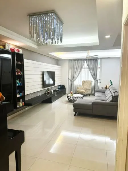 Living features: grey sectional sofa, coffee table, wall-mounted TV, black entertainment unit, white painted walls, recessed ceiling lights, chandelier, floor-to-ceiling windows with sheer curtains, tile flooring, decorative wall paneling, armchair, decorative items on shelves; style: modern.