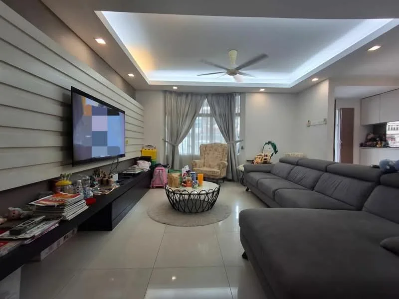 Living features: grey L-shape sectional sofa, coffee table with decorative bowl, wall-mounted TV, floating TV console, white painted walls, recessed ceiling with LED lighting, ceiling fan with light, curtains, marble tile flooring, area rug, decorative wall paneling; style: modern.