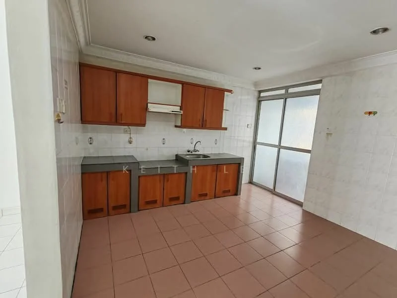 Kitchen features: brown wooden cabinetry, grey countertop, single-bowl stainless-steel sink, chrome pull-down faucet, built-in oven, ceramic tile flooring, white tiled walls, sliding glass door, natural light from window; style: modern.