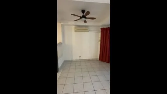 Room features: ceiling fan, wall-mounted split AC, red curtains, tile flooring, white walls, corner wall with no visible features.