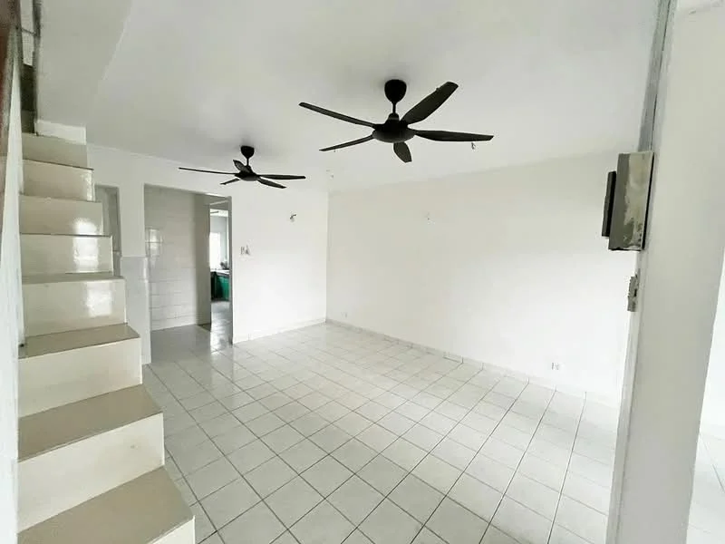 Living features: white painted walls, tile flooring, 2 ceiling fans, staircase with white steps, open layout, natural light from windows, no visible furniture, neutral color scheme; style: modern.