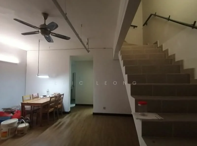 Dining features: wooden dining table, 4 wooden dining chairs, ceiling fan, laminate flooring, white painted walls, wall-mounted light fixture; style: modern. Staircase features: stone steps, metal handrail, white painted walls; style: modern.