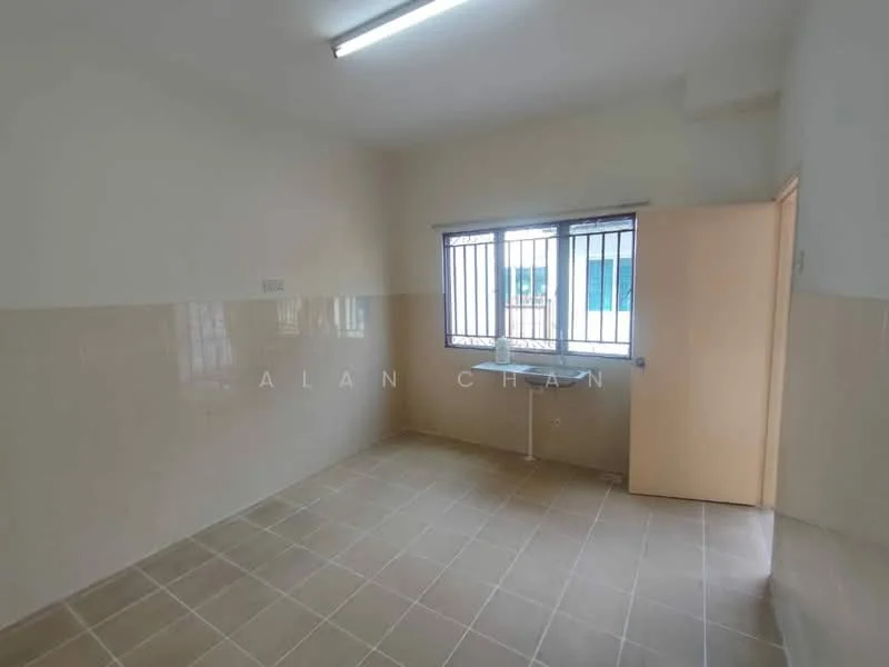 Room features: white painted walls, cream tiled flooring, window with metal bars, light fixture on ceiling, plain door, neutral color scheme; style: minimalist.