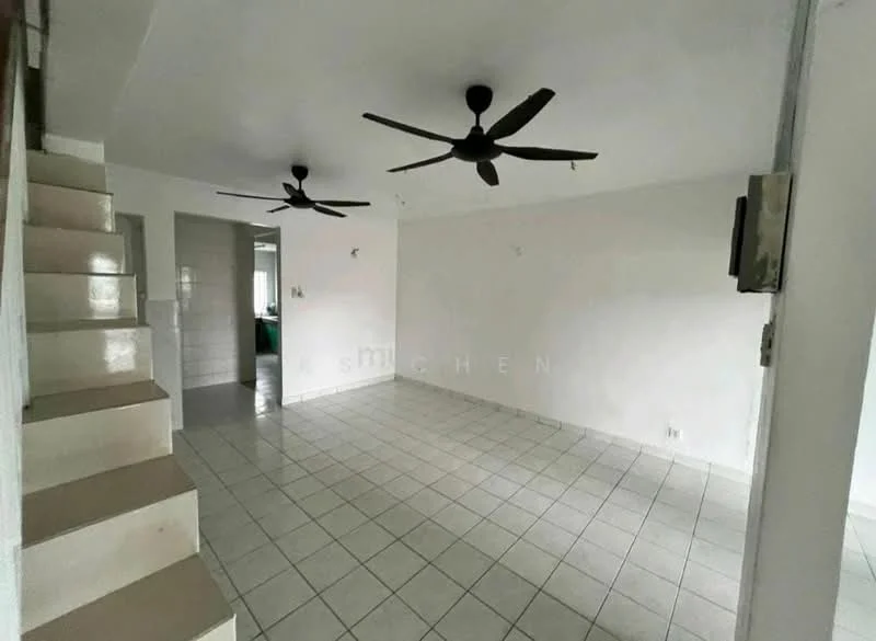 Living features: white painted walls, tile flooring, 2 ceiling fans, large windows, staircase leading to upper level, open layout, neutral decor, no visible furniture; style: minimalist.