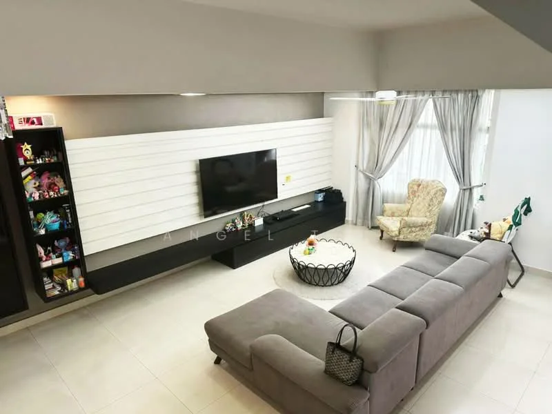 Living features: L-shape sectional sofa in grey, coffee table with circular design, wall-mounted TV, black TV console, white feature wall with horizontal slats, floor-to-ceiling windows with sheer curtains, decorative armchair in cream, shelving unit with colorful toys and decor, tile flooring, recessed ceiling lights, ceiling fan; style: modern.