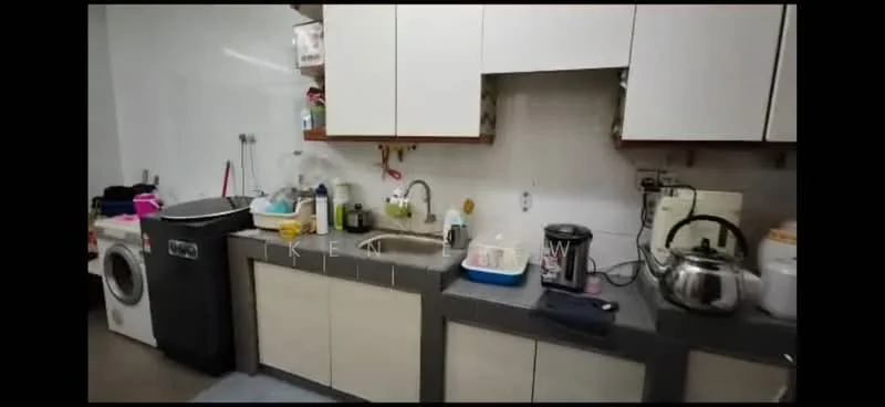 Kitchen features: single-bowl stainless-steel sink, chrome pull-down faucet, grey laminate countertop, white upper cabinets, cream lower cabinets, built-in microwave, electric kettle, toaster, front-load washing machine, dishwasher, wall-mounted storage, tile backsplash, flooring with tiles; style: modern.