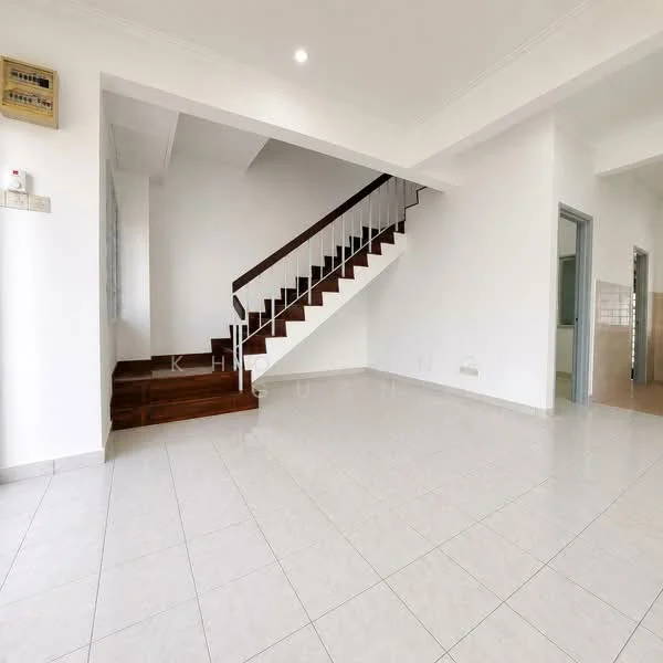 Living features: white painted walls, glossy ceramic tile flooring, staircase with wooden steps and white railing, recessed ceiling lights, large window providing natural light, open layout, neutral color scheme, no visible furniture; style: modern. Room features: white painted walls, glossy ceramic tile flooring, doorway leading to another room, no visible furniture.