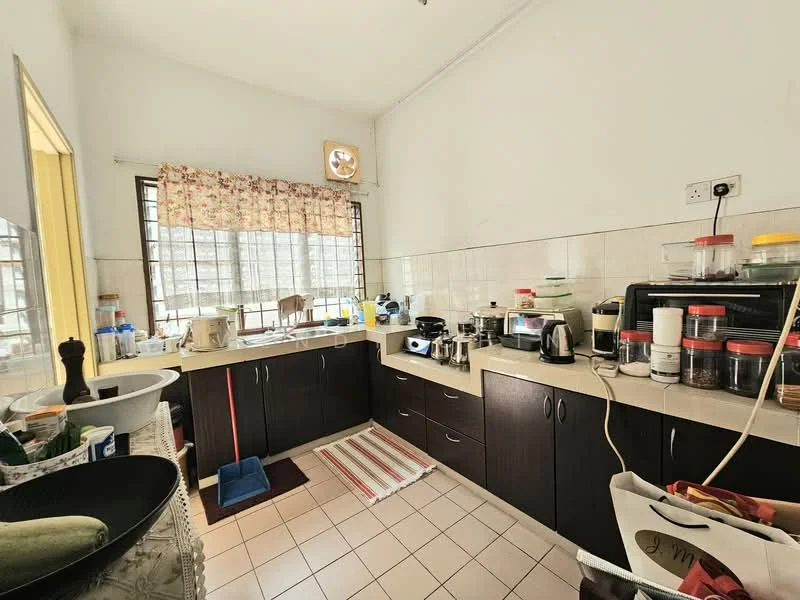 Kitchen features: dark wood cabinetry, white tiled backsplash, ceramic tile flooring, single-bowl stainless-steel sink, chrome pull-down faucet, built-in microwave, freestanding kettle, coffee machine, toaster, countertop appliances, window with floral curtain, kitchen mat, cleaning supplies, dish rack, cutting board; style: modern.