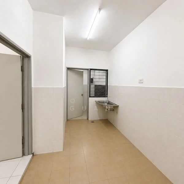 Laundry features: white painted walls, cream tiled walls, tan tile flooring, utility sink with countertop, doorway to adjacent room, doorway to hallway, fluorescent ceiling lights.