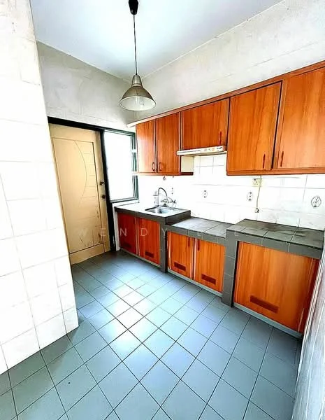 Kitchen features: wooden cabinetry in brown, grey granite countertop, single-bowl stainless-steel sink, chrome pull-down faucet, built-in range hood, white tiled backsplash, grey tiled flooring, window with view to outside, light fixture hanging from ceiling; style: modern.
