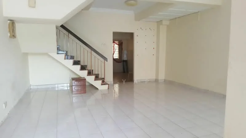 Living features: white painted walls, glossy ceramic tile flooring, staircase with metal railing, ceiling light fixture, large window with natural light, open layout, neutral color scheme, corner with built-in storage cabinet; style: modern.