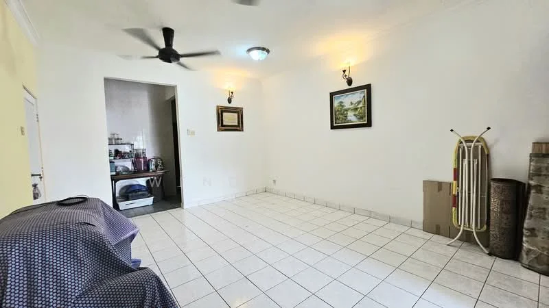 Living features: white painted walls, tile flooring, ceiling fan, recessed downlights, wall sconces, framed artwork, open space layout, corner for storage boxes, folding ironing board, decorative column, natural light from doorway.