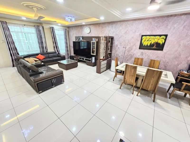 Living features: large sectional sofa in dark brown leather, 3-seater fabric sofa in black, coffee table, TV console with flat-screen TV, wall-mounted TV, area rug, ceiling fan with light, recessed downlights, white painted walls, cream tiled flooring, decorative wall with textured finish, curtains with vertical stripes, wall clock; style: modern. Dining features: 6-seater dining table in light wood, upholstered dining chairs, decorative vase on table, wall-mounted shelving unit, floor-to-ceiling windows, white painted walls, cream tiled flooring; style: modern.