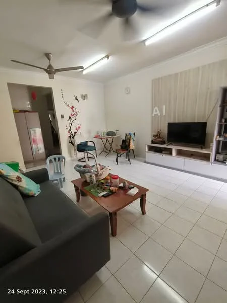 Living features: 3-seater fabric sofa in grey, coffee table, wall-mounted TV, TV console, ceiling fan, white painted walls, tile flooring, decorative wall panel, dining table with chairs, decorative wall art, open shelving unit, various items on the table; style: modern.