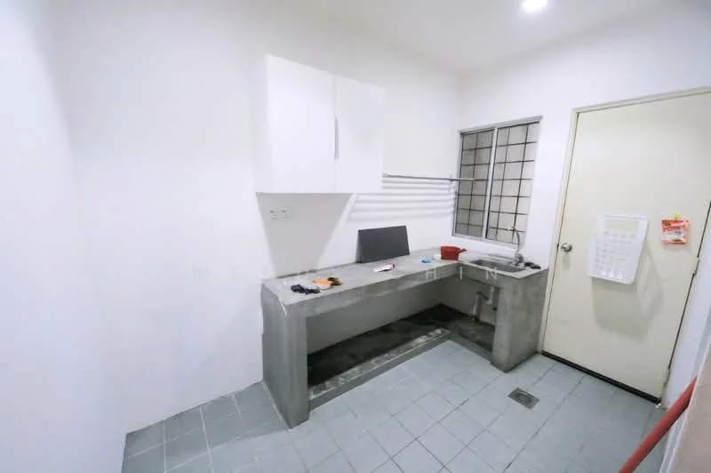 Kitchen features: concrete countertop, single-bowl stainless-steel sink, wall-mounted cabinets in white, grey tiled flooring, window with metal grille, door leading to another room, wall-mounted dish rack, minimalist design; style: modern.