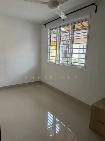 Room features: white painted walls, glossy tile flooring, ceiling fan, sliding windows with white frames, natural light from window, box in corner.