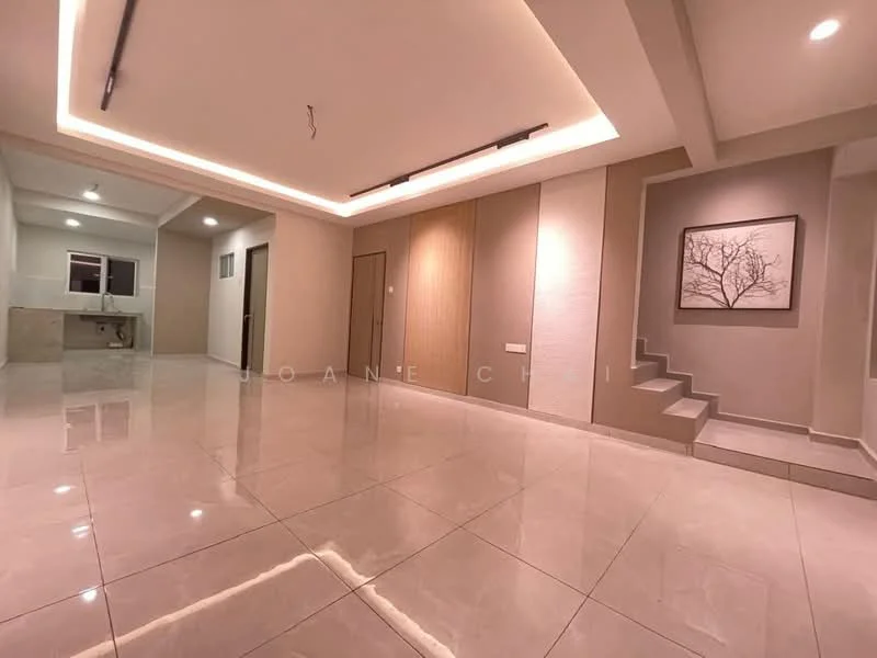 Living features: glossy porcelain tile flooring, recessed LED downlights, white painted walls, wood panel accent wall, staircase with white risers, large window for natural light, open layout, neutral color palette; style: modern. Kitchen features: kitchen counter with backsplash, stainless-steel sink, built-in cabinetry, open layout to living area; style: modern.